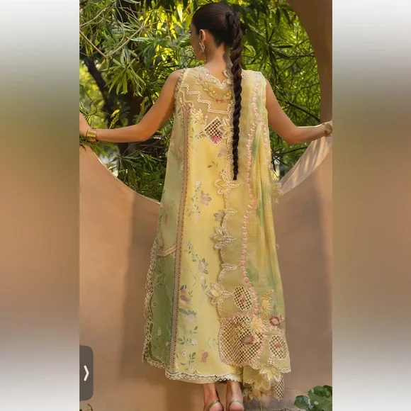 Floral Embroidered Long Sleeve Women’s Dress in Soft Yellow-Green - Picture 2 of 16